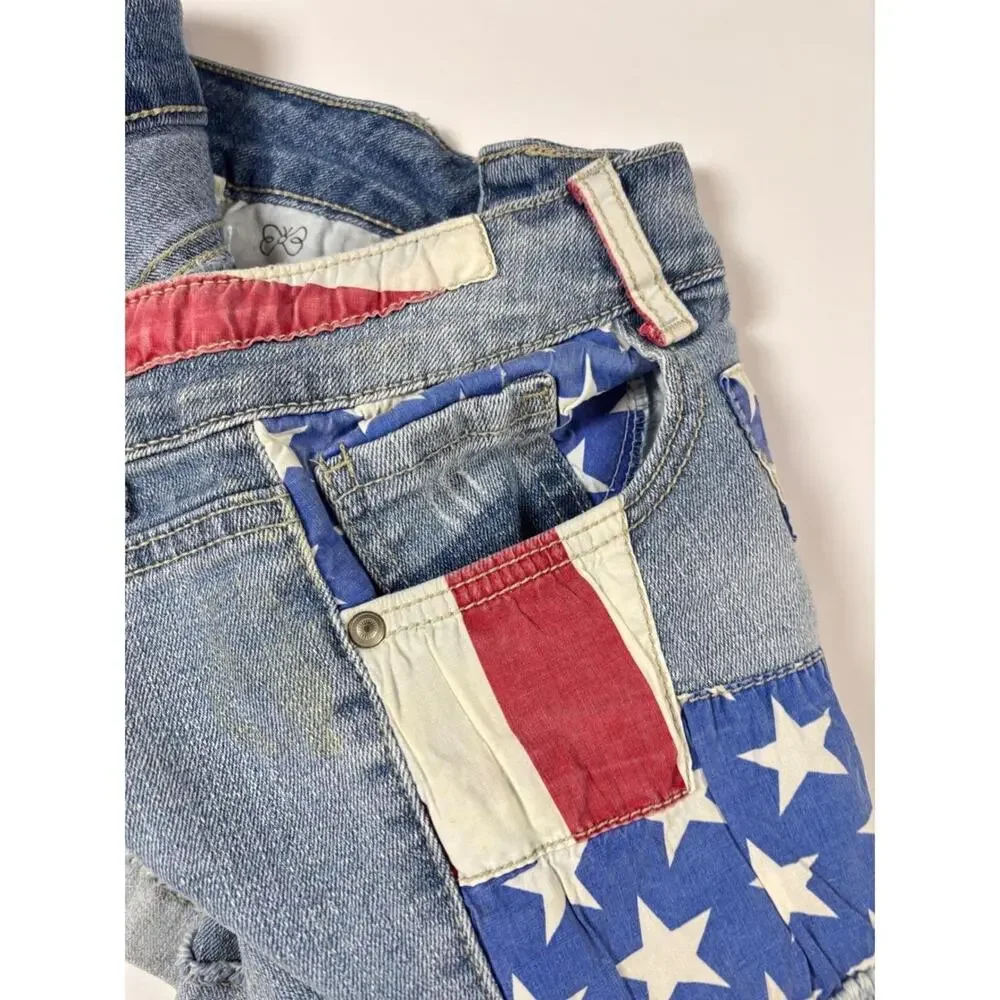 Y2K LEI Ashley Lowrise Denim Shorts Americana Flag Patchwork Stars Stripes SZ 11